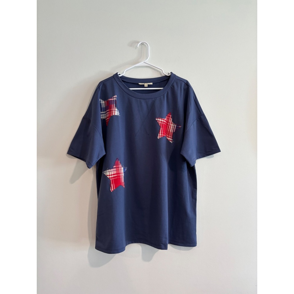 4th‎ July Haptics Plaid Star Patch Oversized T-Shirt Womens 2X l Blue Americana